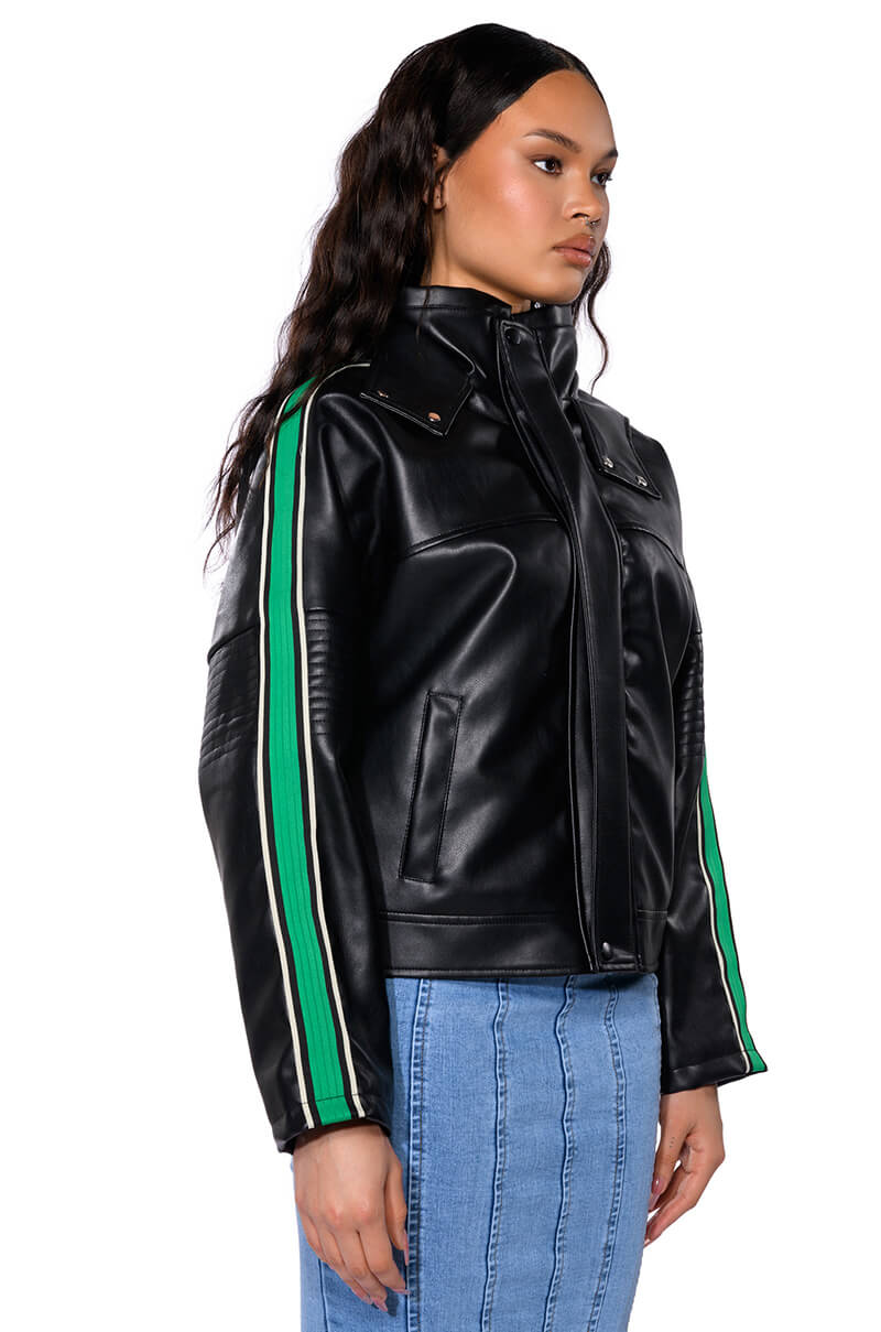 Back View On Your Marks Faux Leather Hooded Jacket