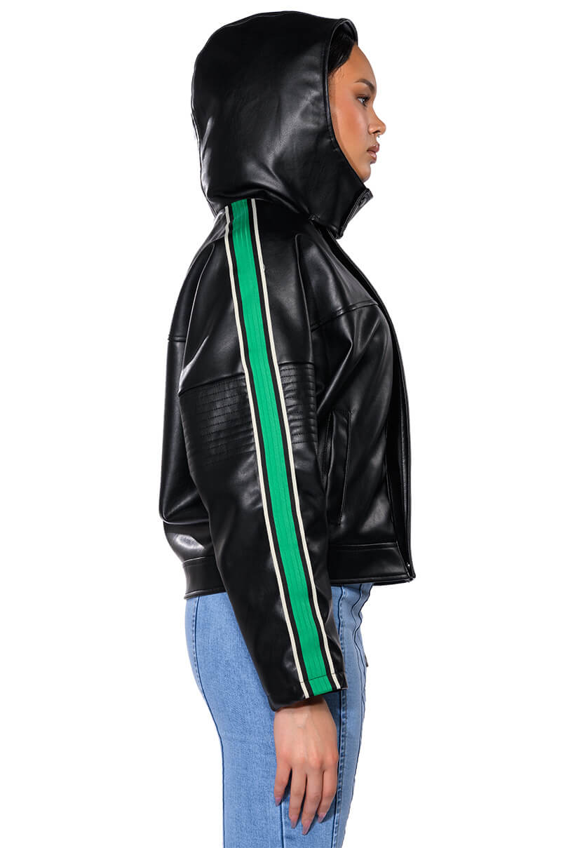 Extra View On Your Marks Faux Leather Hooded Jacket