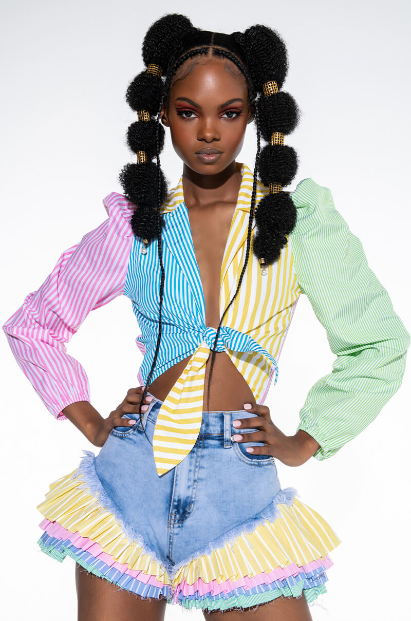 Front View On Your Radar Puff Sleeve Colorblock Bodysuit