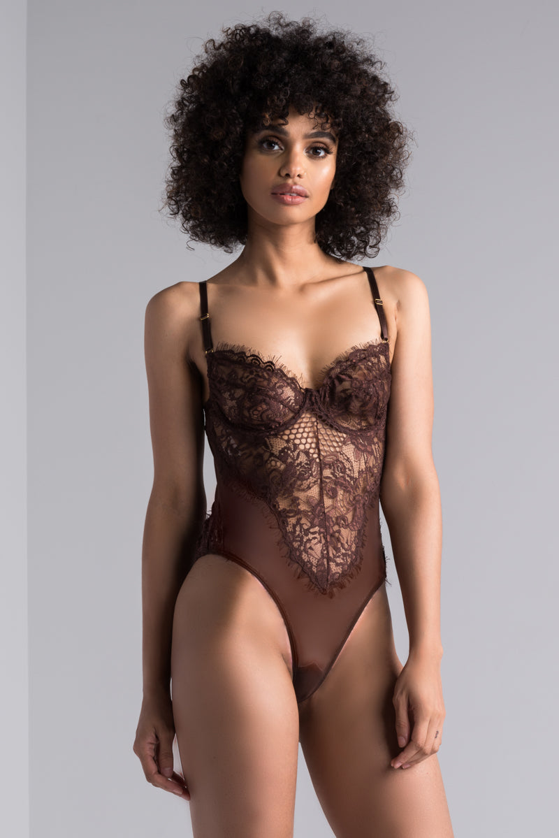 Front View One Hour Lace Bodysuit in Brown