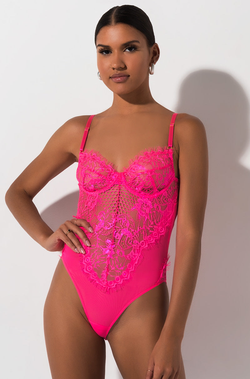 SEXY LACE DRESSY BODYSUIT NEON PINK view 0