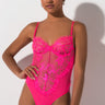 Front View One Hour Lace Bodysuit in Neon Pink