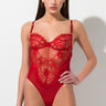 Front View One Hour Lace Bodysuit in Red