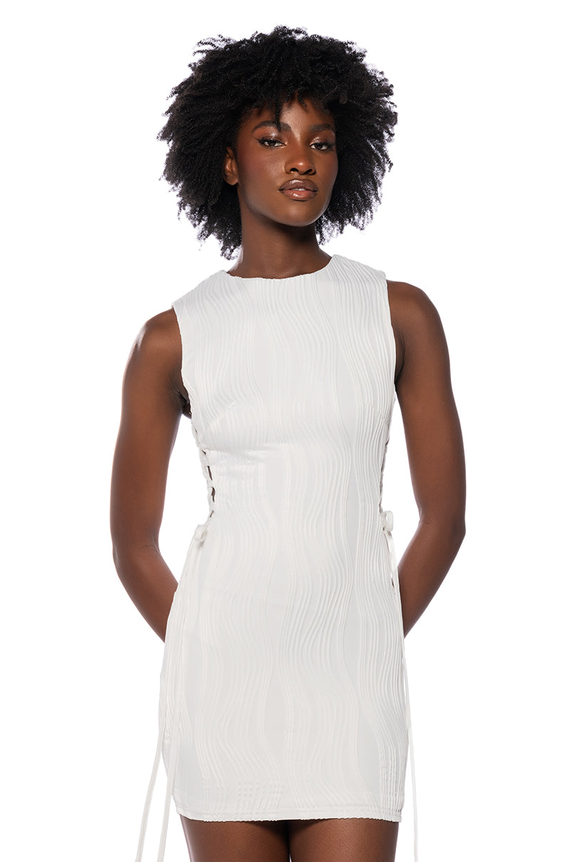 Front View One Night Only Side Tie Mini Dress
