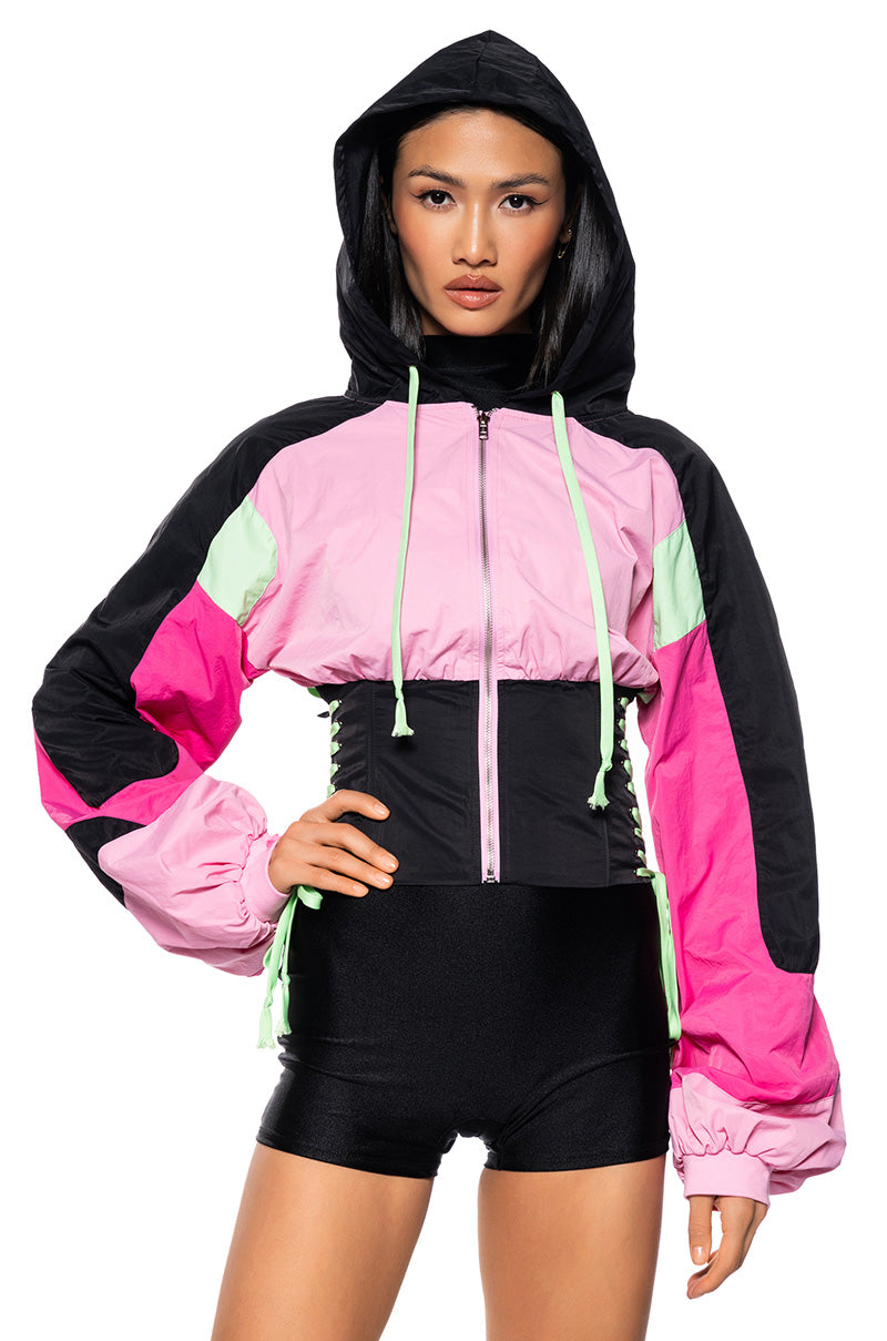 Front View One Of One Nylon Corset Detail Zip Up Windbreaker