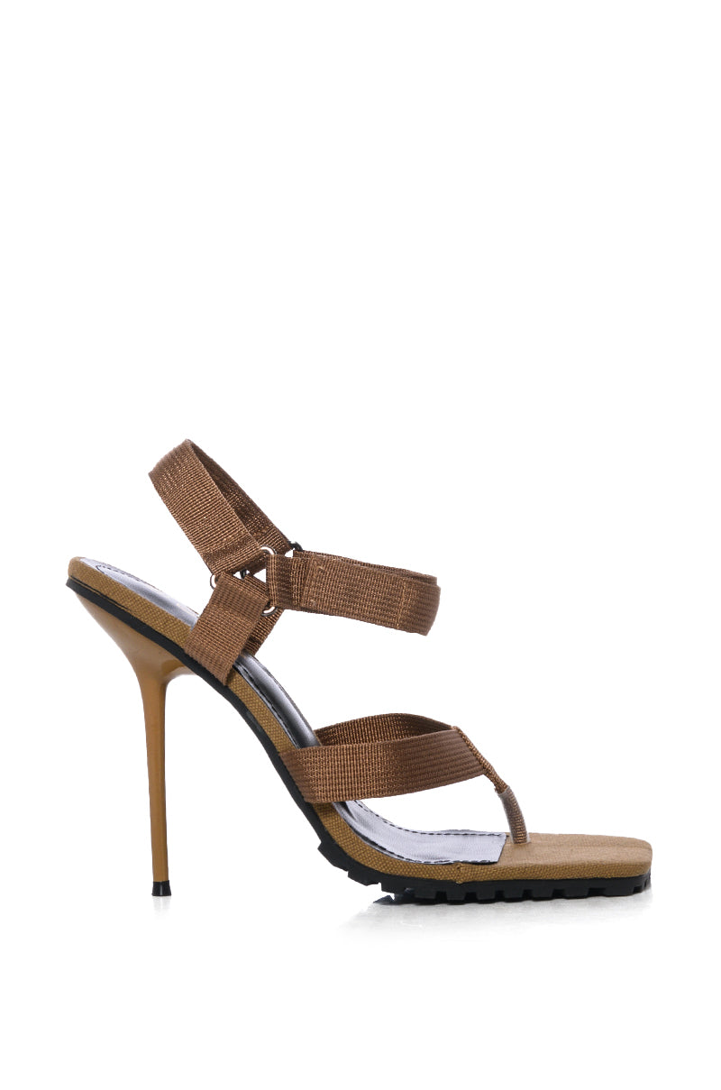 Side View One Of One Velcro Strap Stiletto In Taupe