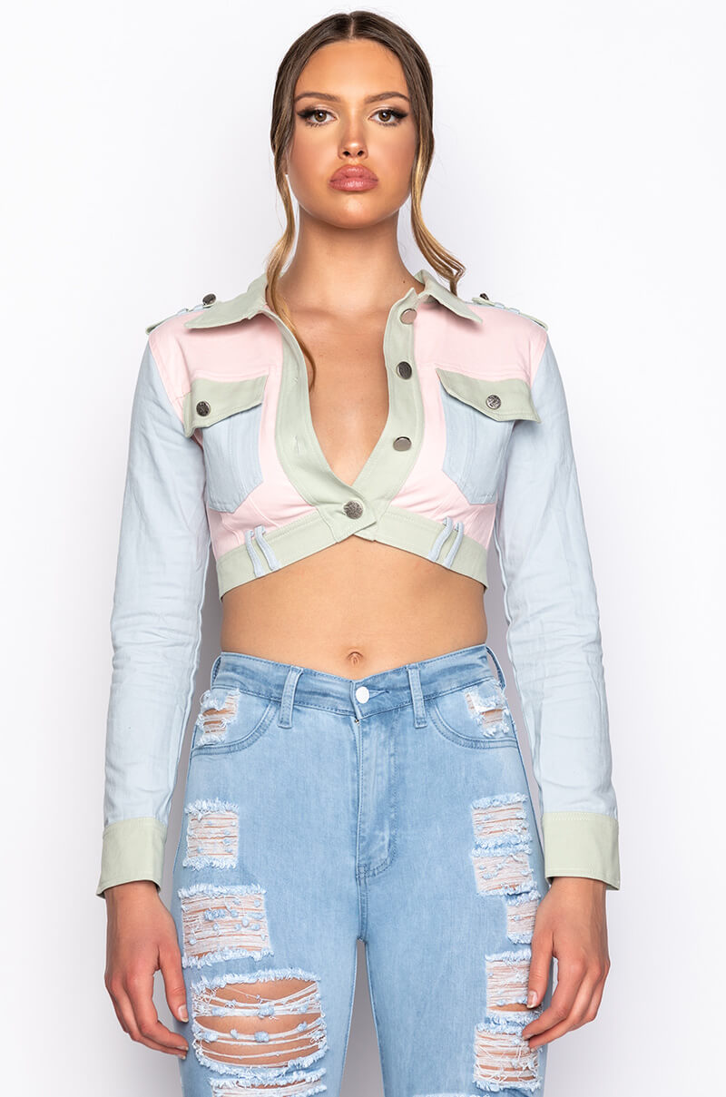 Detail View One Two Step Multi Color Denim Jacket