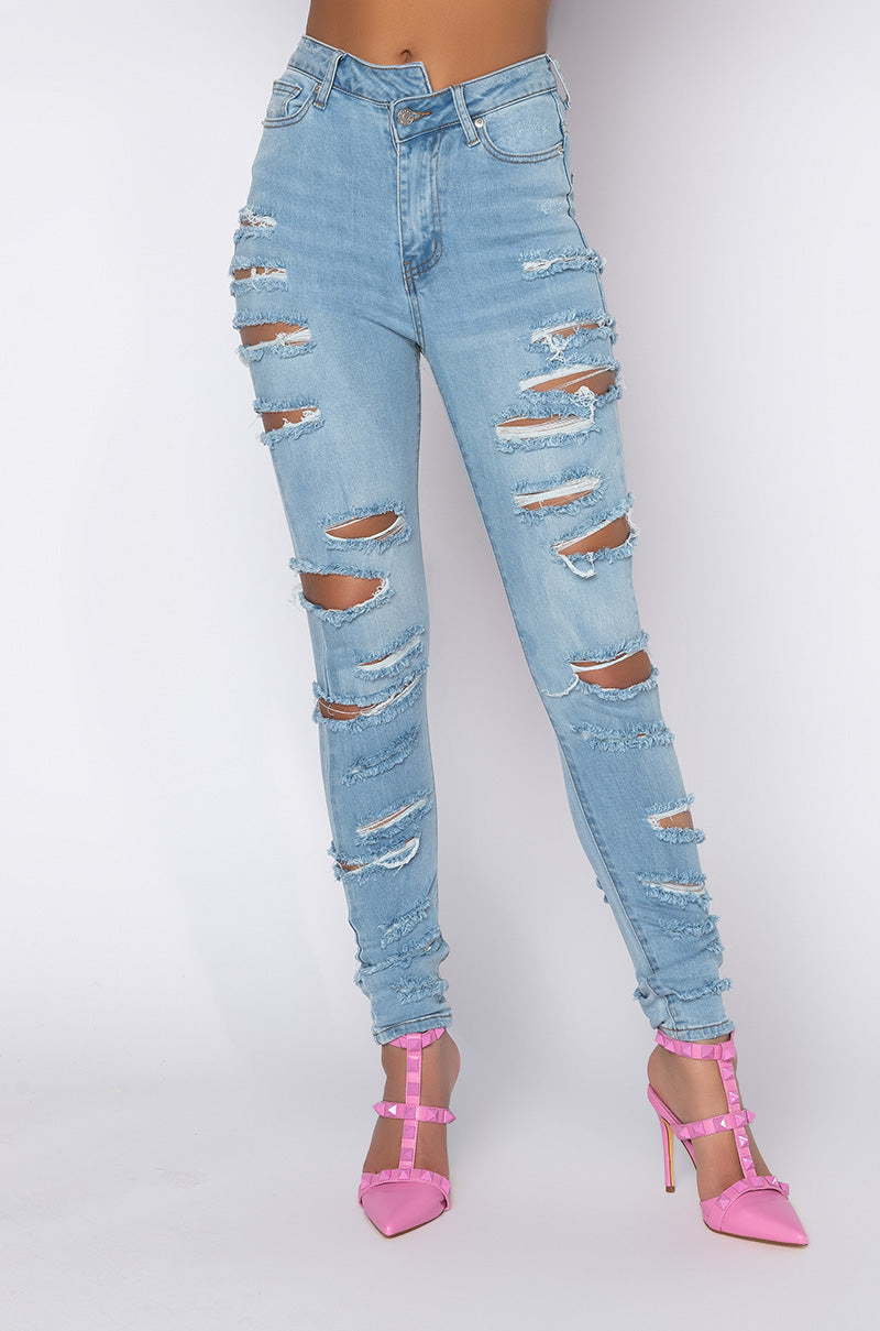 Front View Opposite Direction High Waisted Distressed Skinny Jeans in Light Blue Denim 0