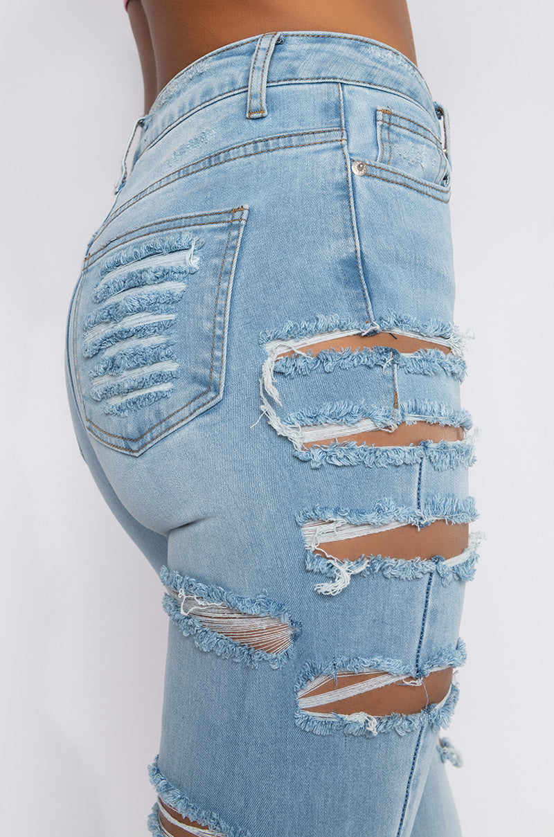 Detail View Opposite Direction High Waisted Distressed Skinny Jeans in Light Blue Denim 3
