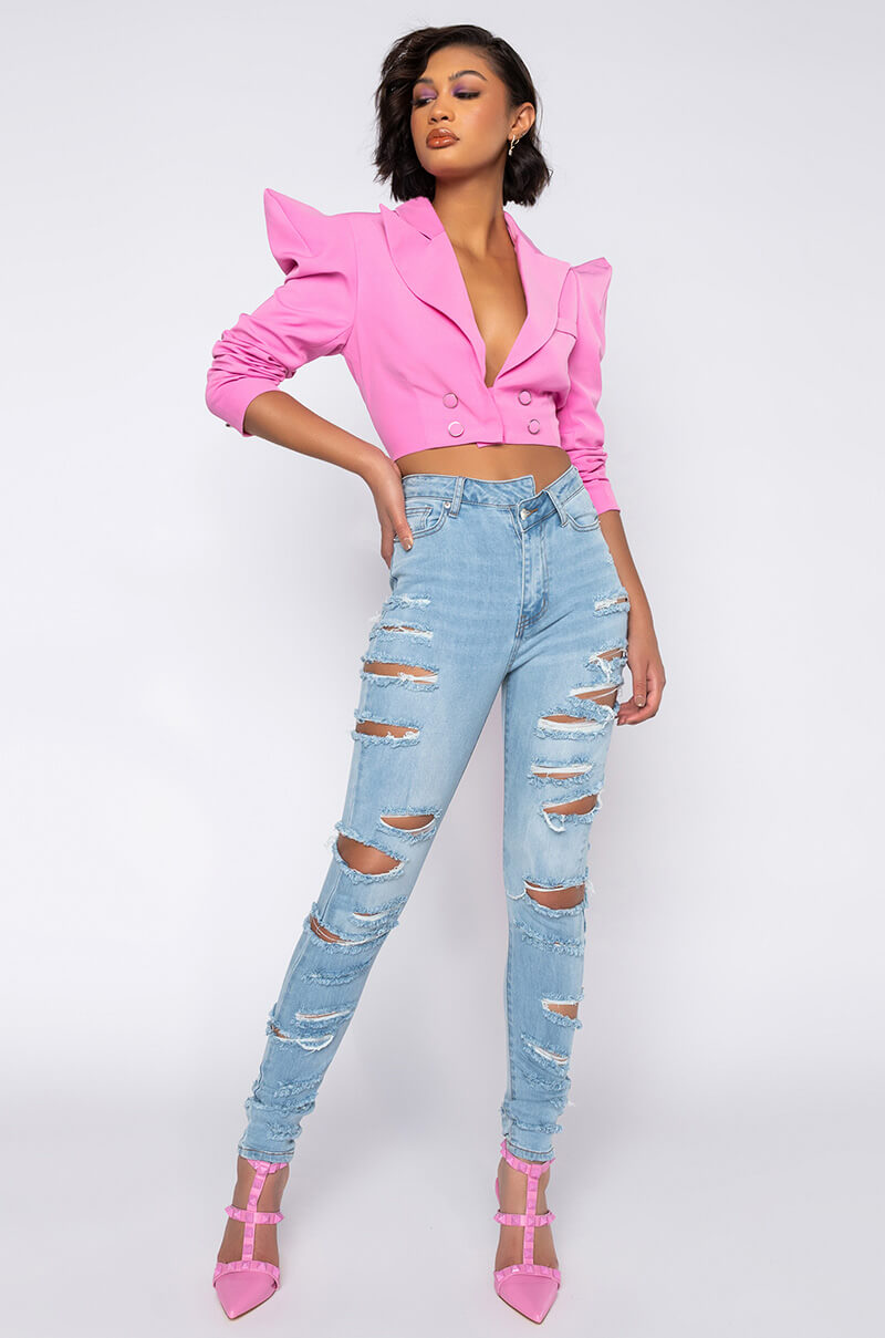  Opposite Direction High Waisted Distressed Skinny Jeans in Light Blue Denim 5