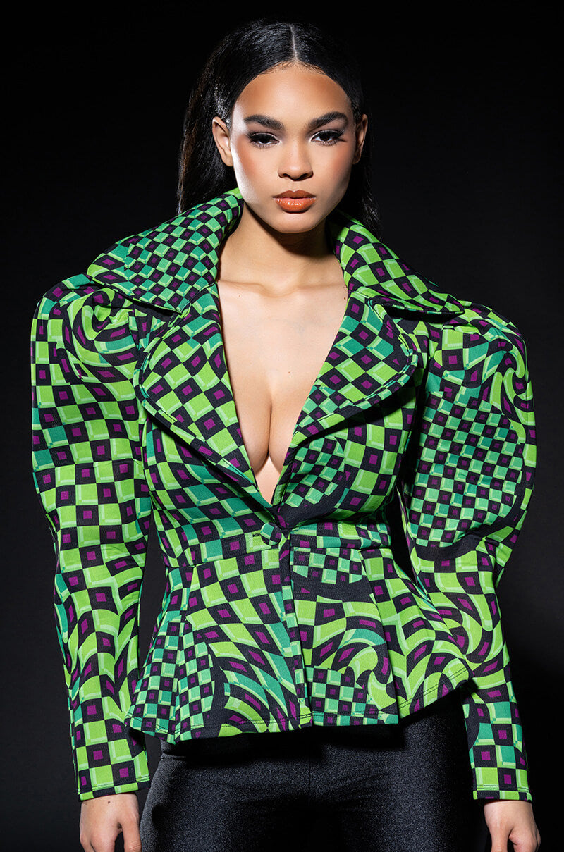 Front View Optical Illusion Checkered Peplum Blazer 0