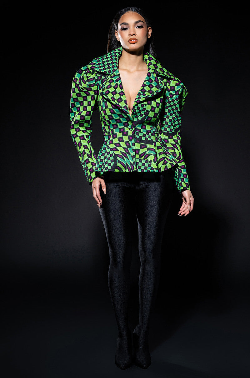 Side View Optical Illusion Checkered Peplum Blazer 1