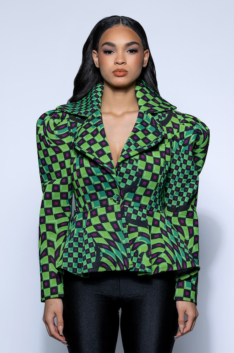 Back View Optical Illusion Checkered Peplum Blazer 2