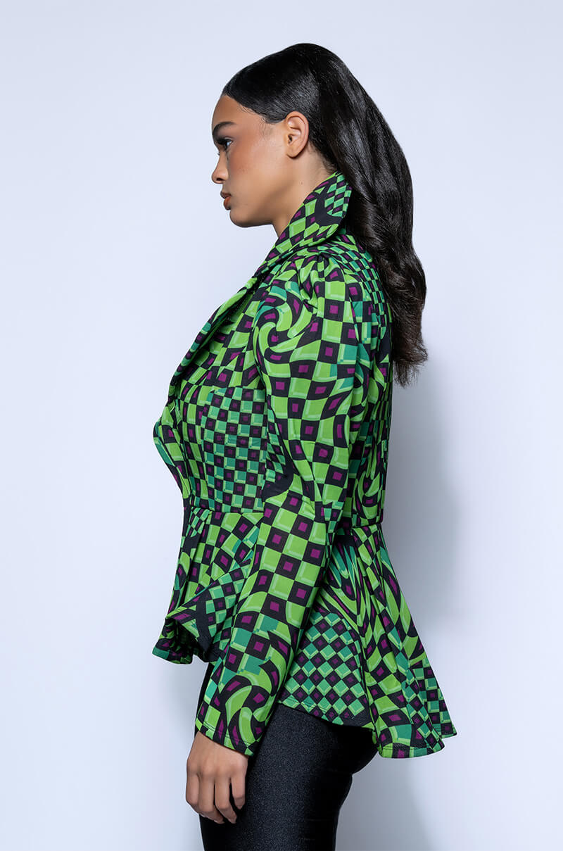 Detail View Optical Illusion Checkered Peplum Blazer 3