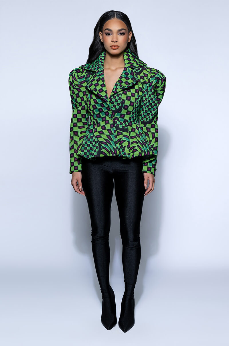 Extra View Optical Illusion Checkered Peplum Blazer 6