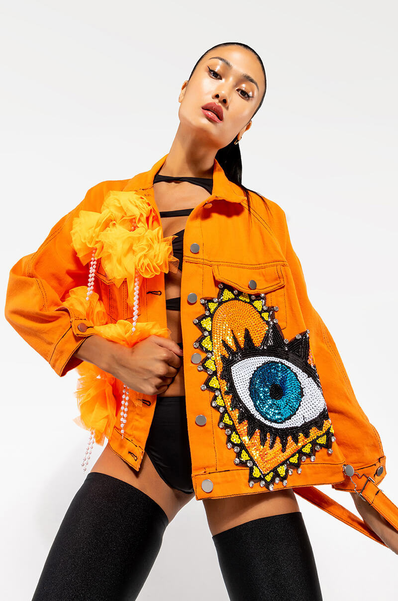Front View Orange Eye Denim Jacket