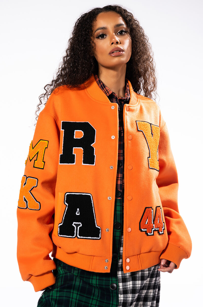 Front View Orange You Happy Varsity Bomber