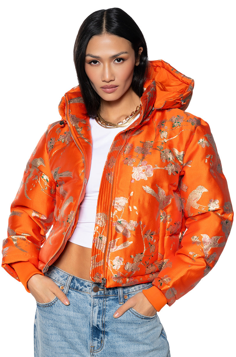 ORANGEY BROCADE PUFFER WITH REMOVEABLE HOOD view 0