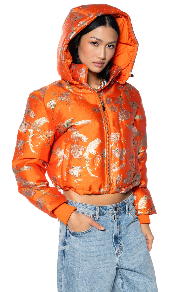 Side View Orangey Brocade Puffer With Removable Hood