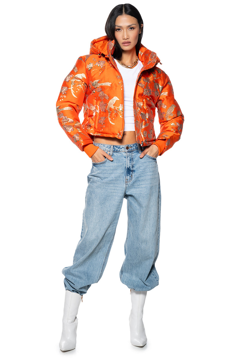 Back View Orangey Brocade Puffer With Removable Hood