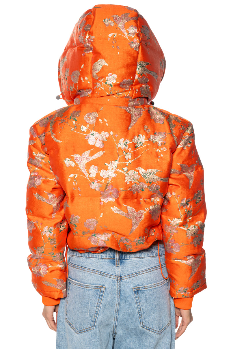 Full View Orangey Brocade Puffer With Removable Hood