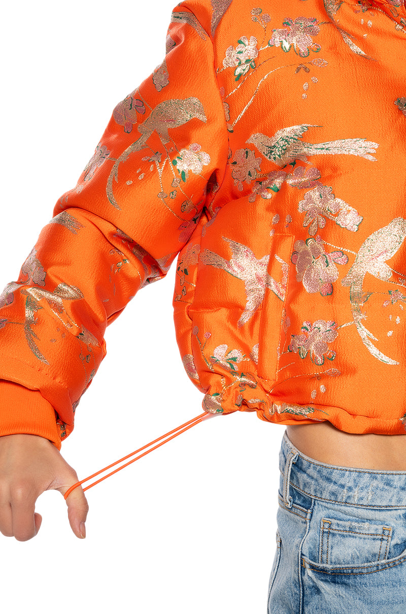 Extra View Orangey Brocade Puffer With Removable Hood