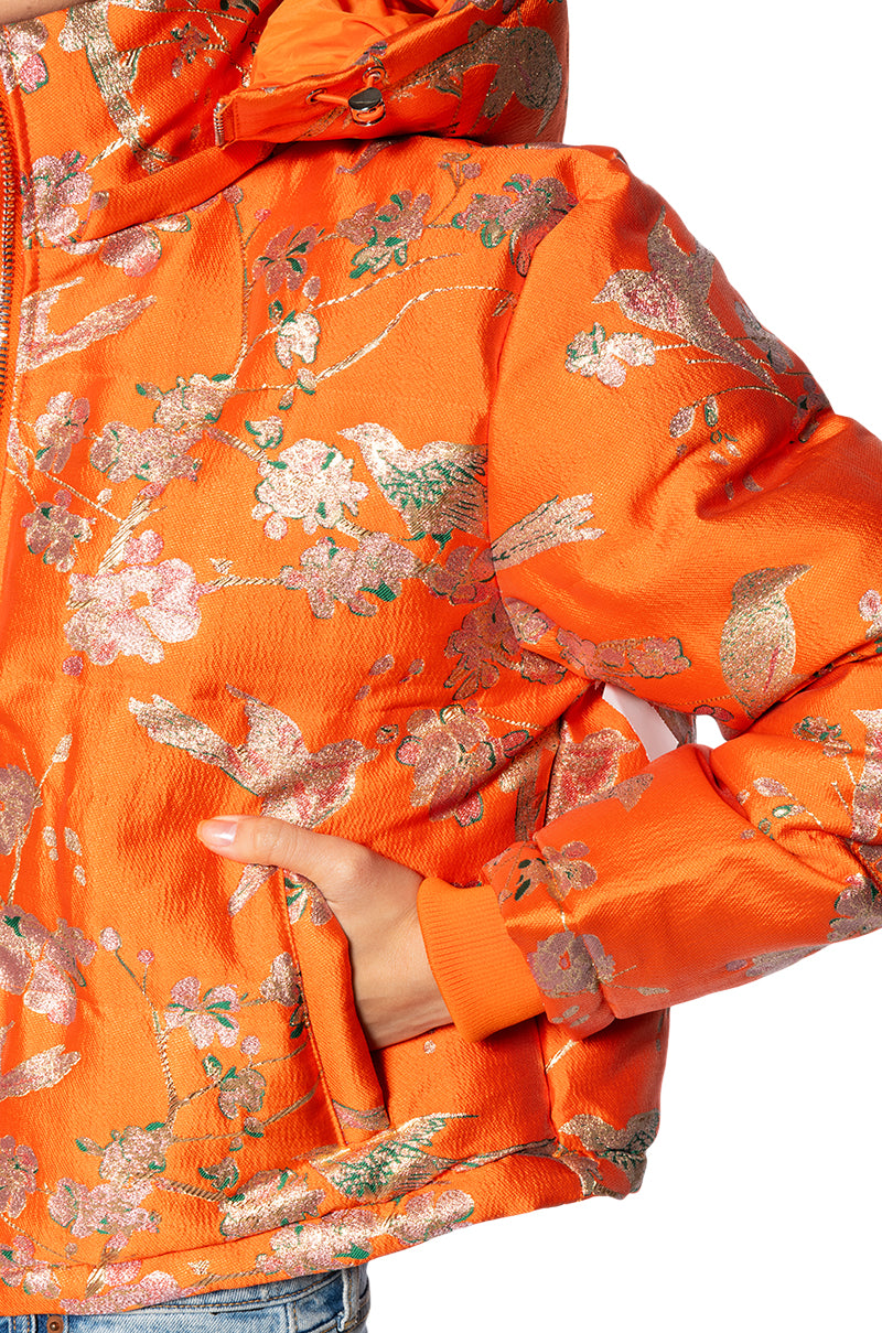 Extra View Orangey Brocade Puffer With Removable Hood
