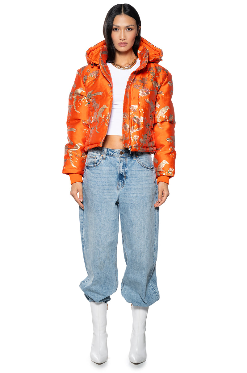 Extra View Orangey Brocade Puffer With Removable Hood