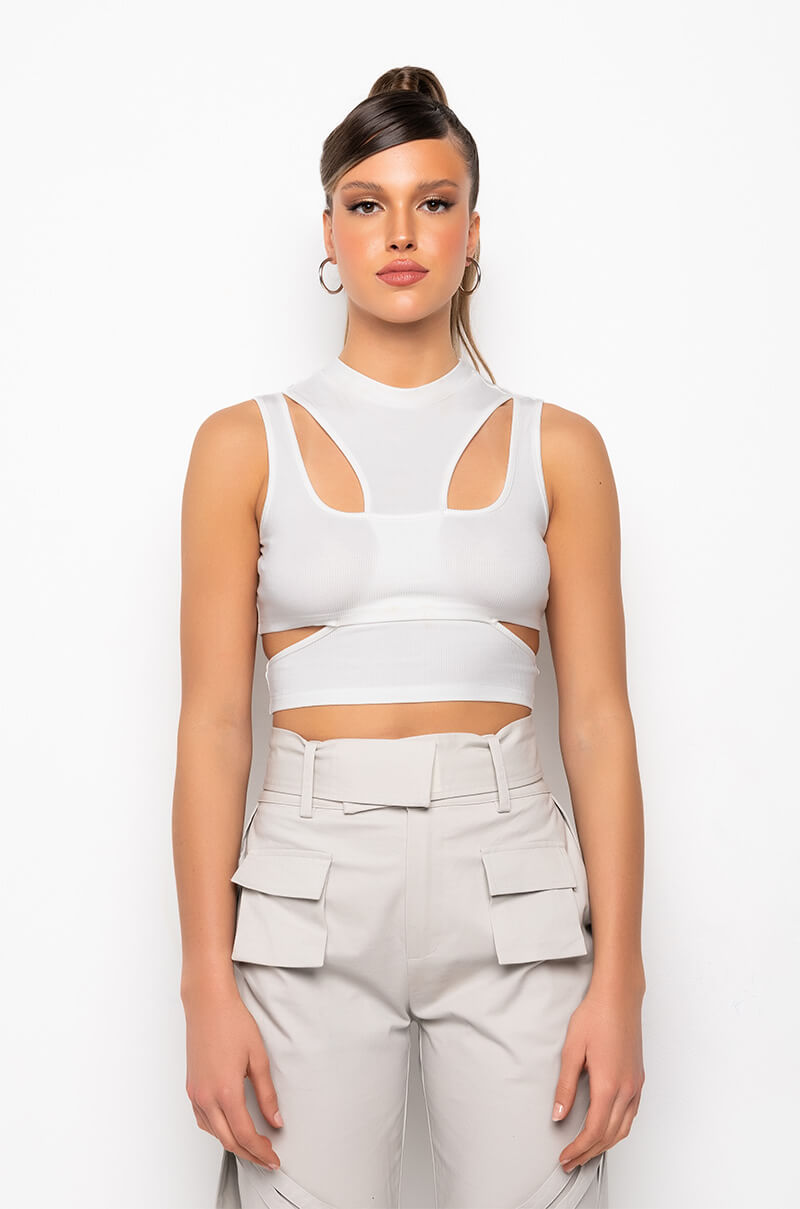 Back View Otw Crew Neck Cutout Cropped Ribbed Tank
