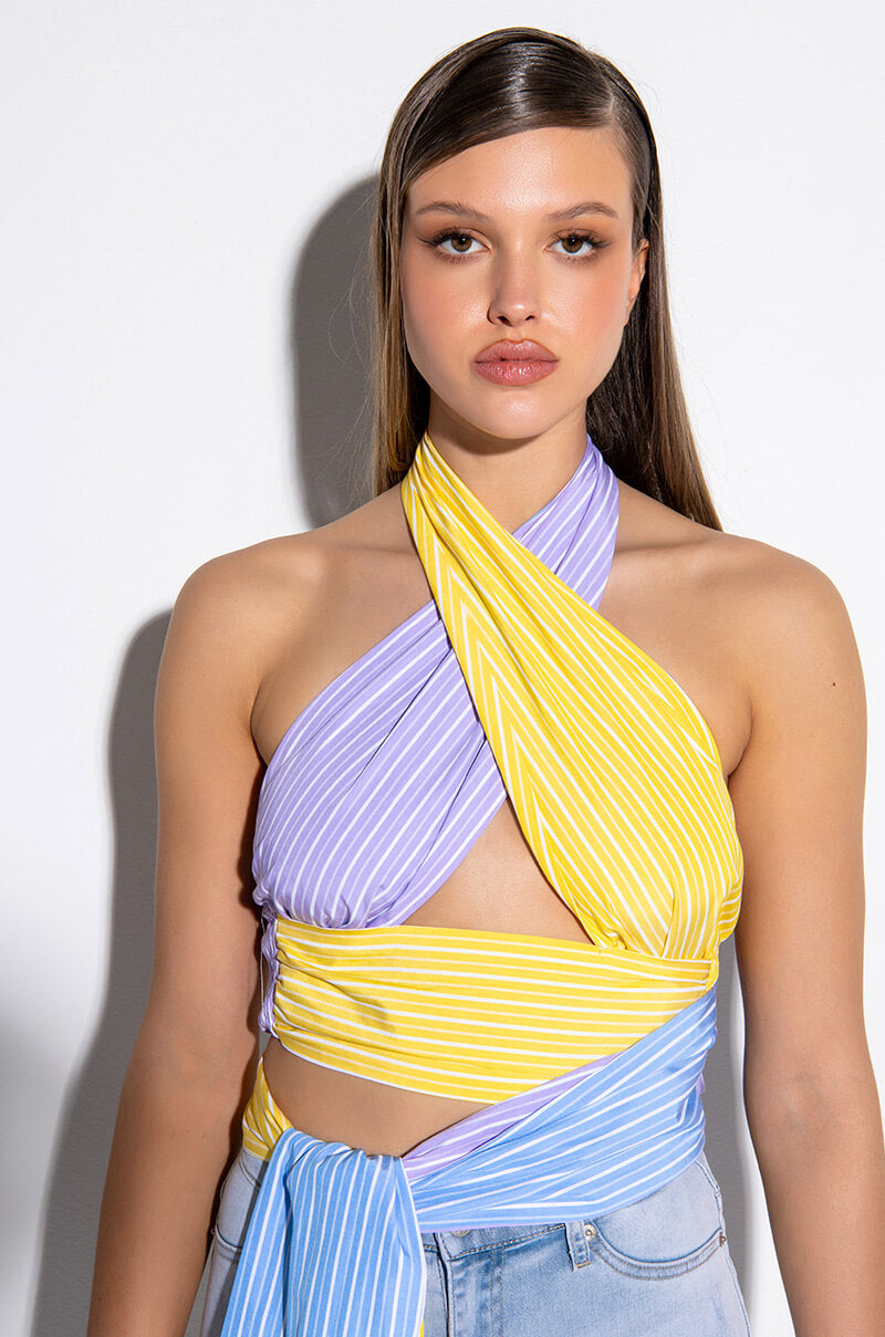 Front View Oui Oui Cropped Halter Poplin Blouse