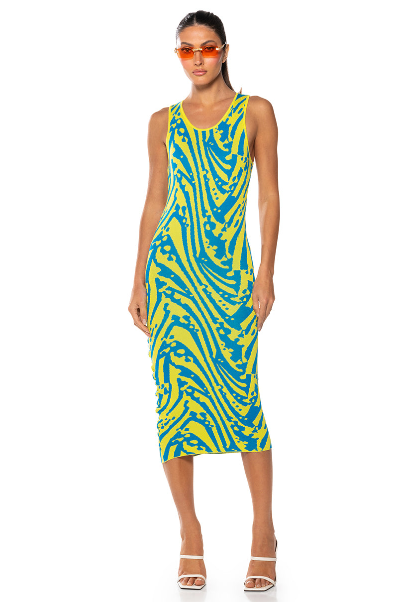 Front View Out And About Ruched Back Midi Dress
