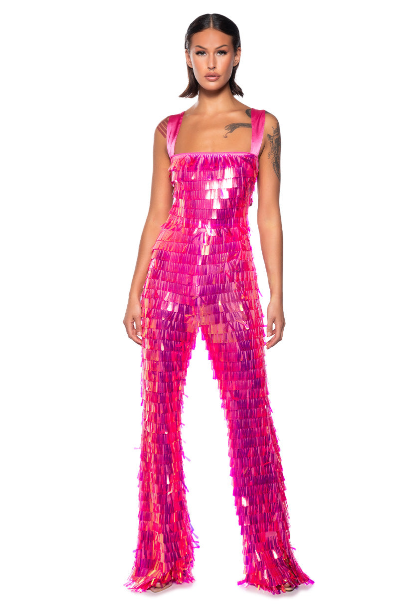 Front View Out From Under Flared Sequin Jumpsuit
