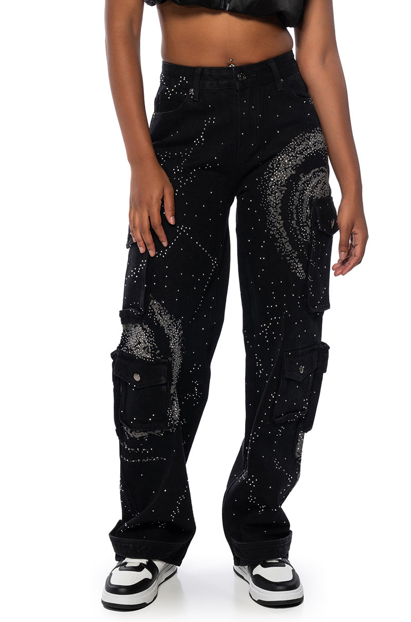 Front View Out Of This Planet Studded Cargo Jeans