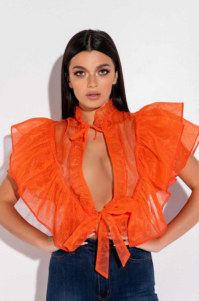 Front View Outta My Way Ruffle Sleeve Organza Tie Front Blouse