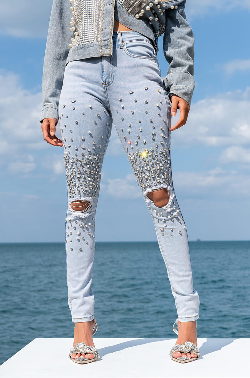 OUTTA THIS WORLD DISTRESSED RHINESTONE HIGH RISE SKINNY JEANS view 0