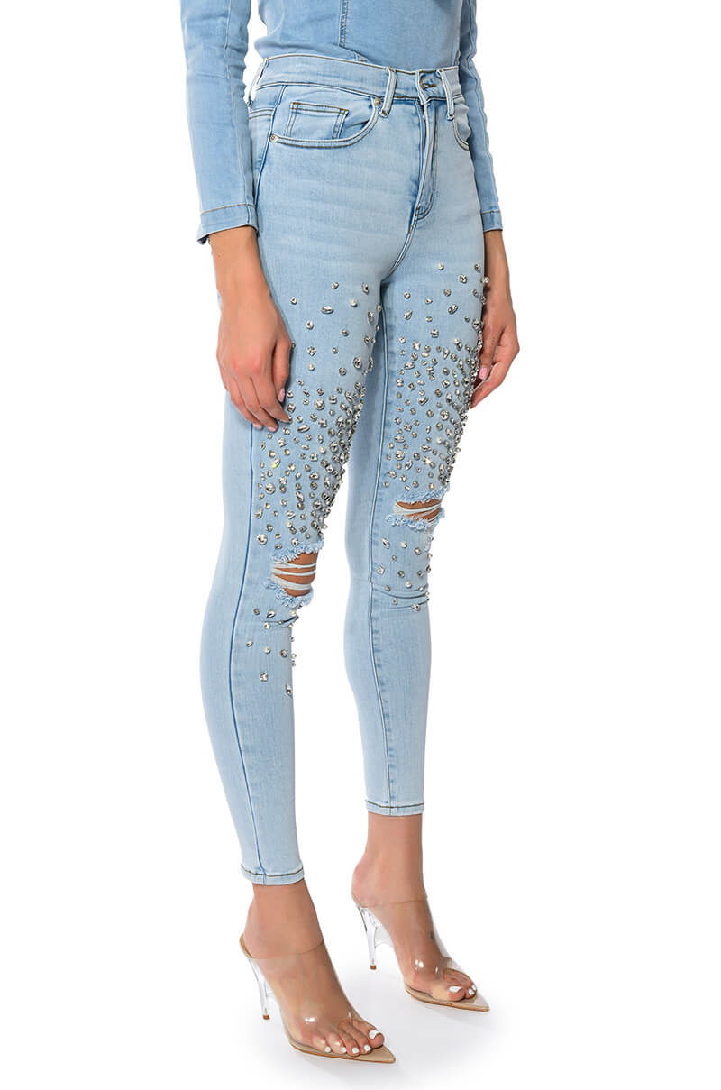 Side View Outta This World Distressed Rhinestone High Rise Skinny Jeans