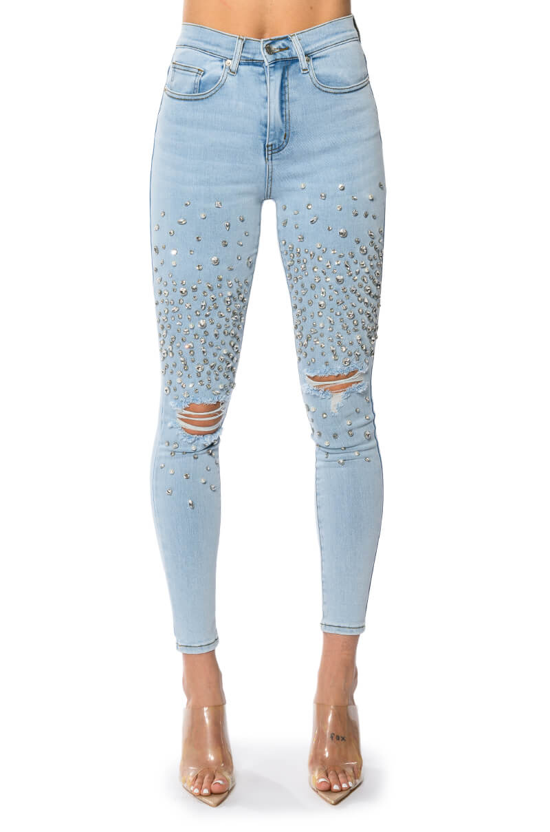 Full View Outta This World Distressed Rhinestone High Rise Skinny Jeans
