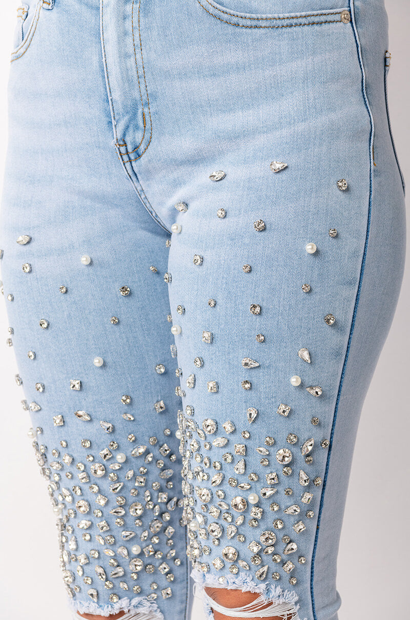 Extra View Outta This World Distressed Rhinestone High Rise Skinny Jeans