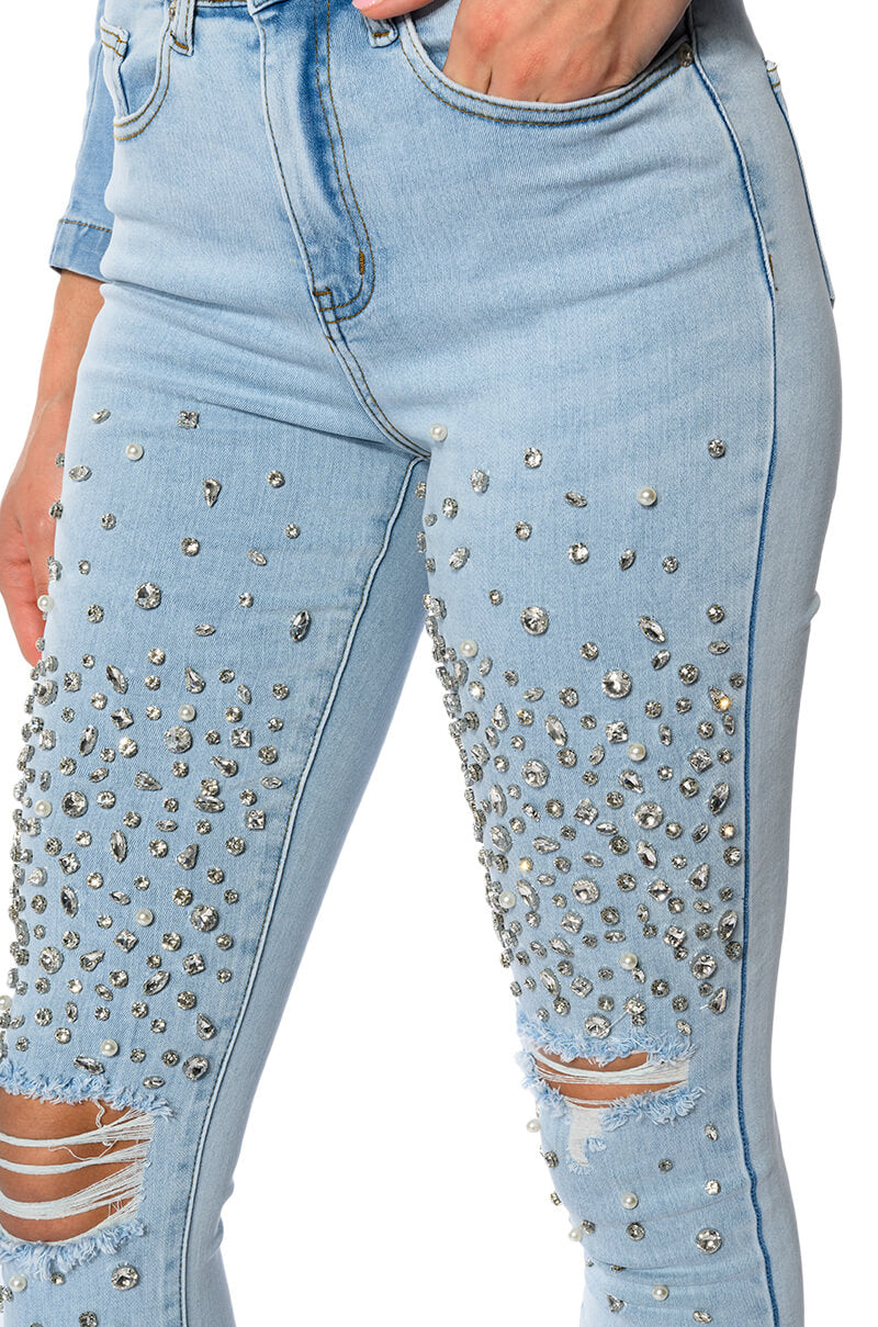 Extra View Outta This World Distressed Rhinestone High Rise Skinny Jeans
