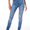 Front View Outta This World Distressed Rhinestone High Rise Skinny Jeans