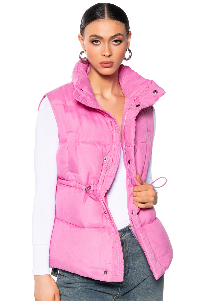 Front View Oversized Cozy Puffer Vest In Pink
