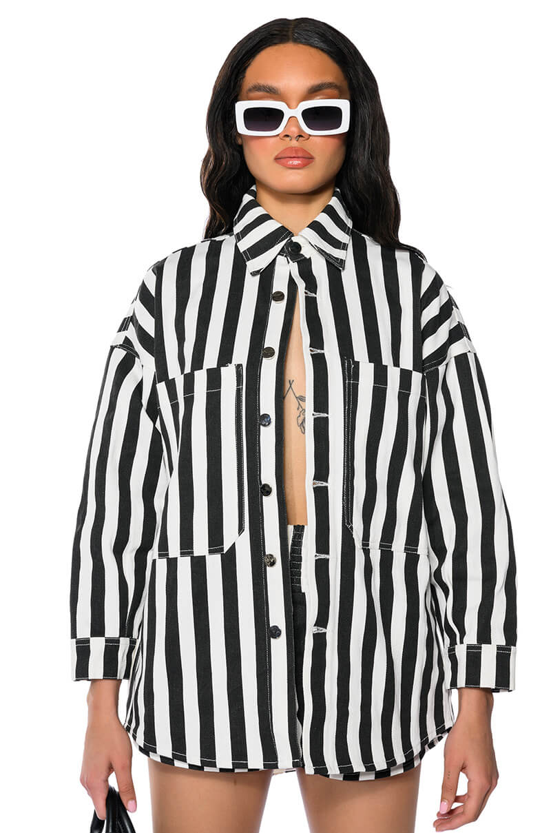 Front View Oversized Holiday Denim Over Shirt