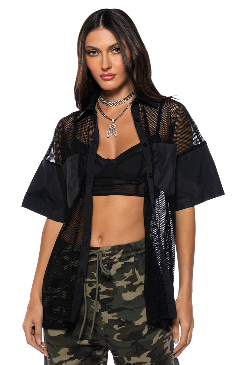 Front View Oversized Mesh Short Sleeve Button Down In Black 0