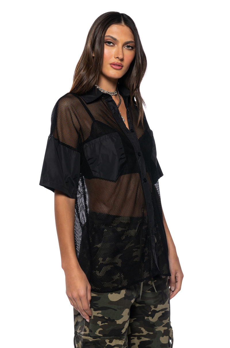 Side View Oversized Mesh Short Sleeve Button Down In Black 2