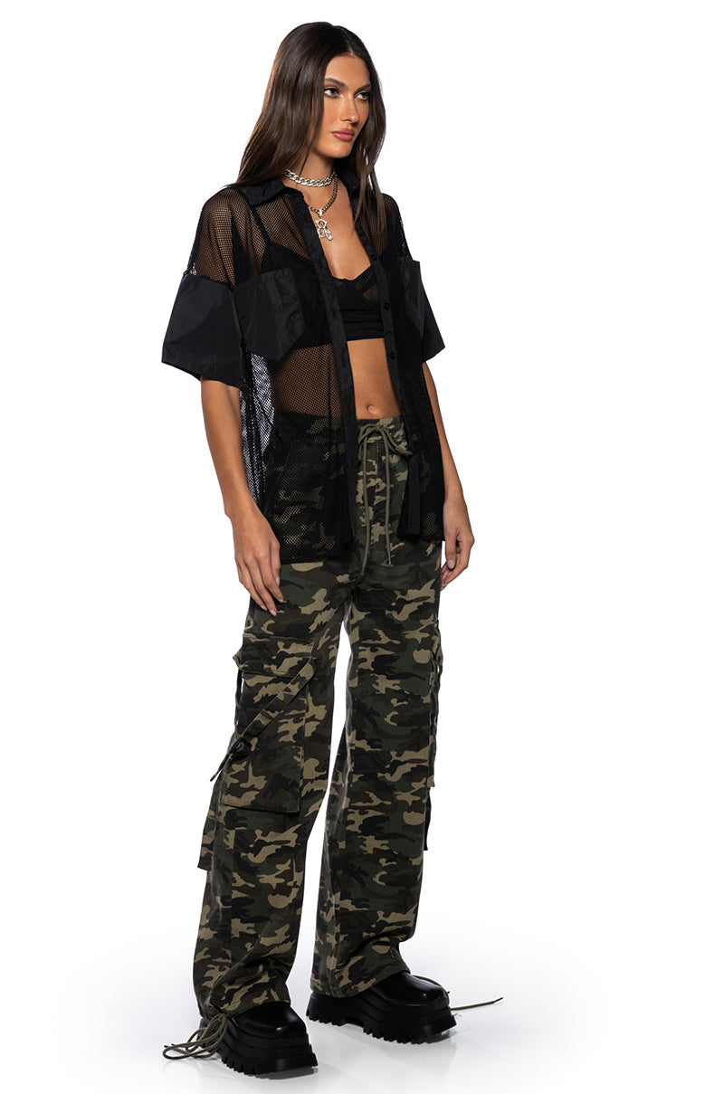 Back View Oversized Mesh Short Sleeve Button Down In Black 3