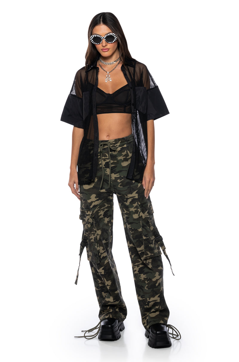 Detail View Oversized Mesh Short Sleeve Button Down In Black 4