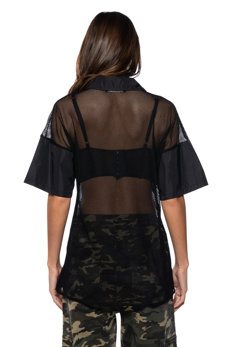 Extra View Oversized Mesh Short Sleeve Button Down In Black 7