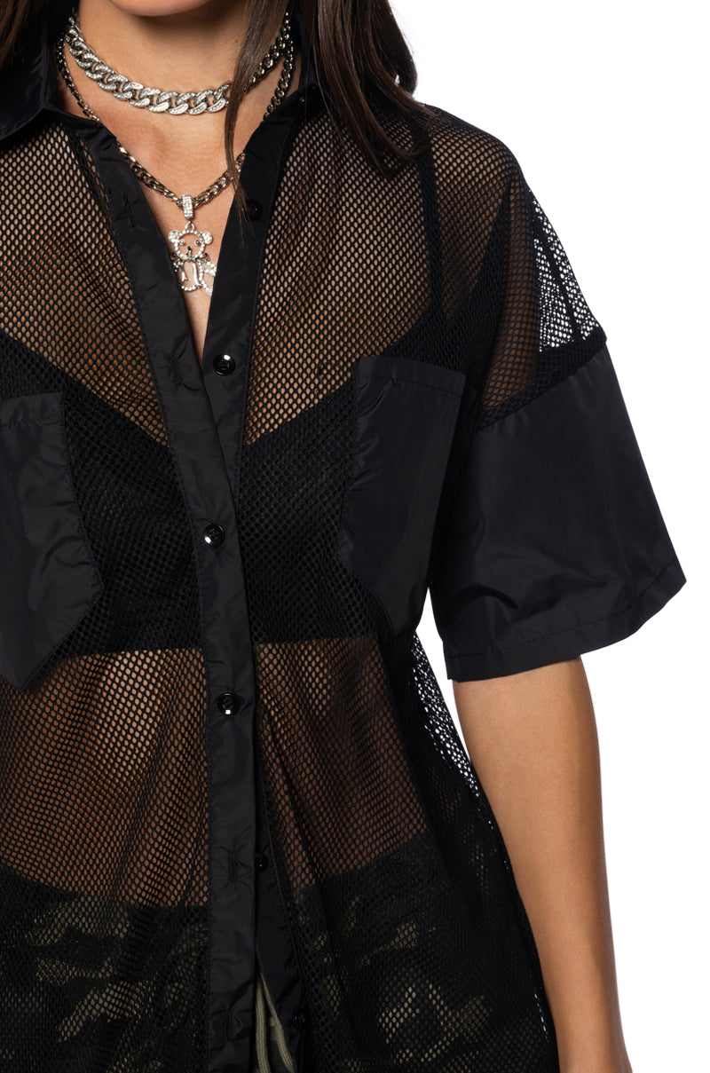 Extra View Oversized Mesh Short Sleeve Button Down In Black 8