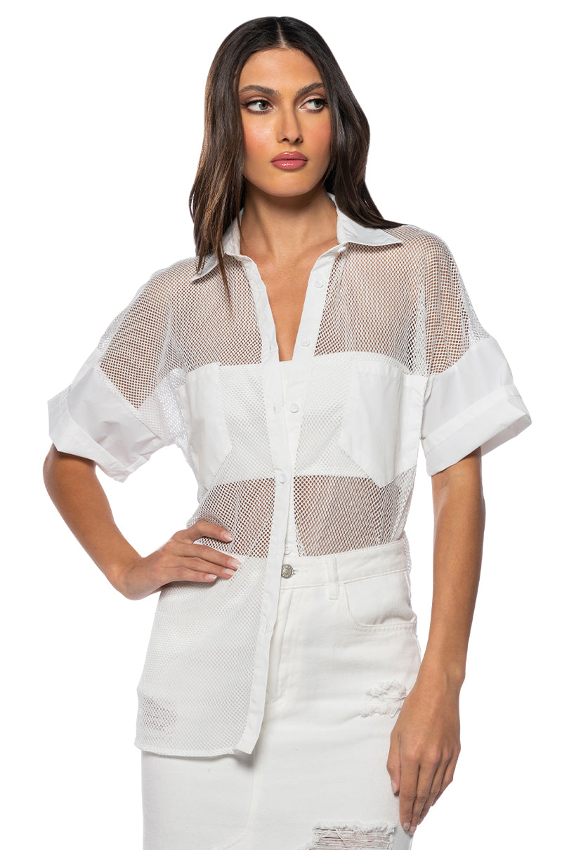OVERSIZED MESH SHORT SLEEVE BUTTON DOWN IN WHITE view 0