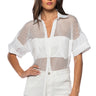 Front View Oversized Mesh Short Sleeve Button Down In White